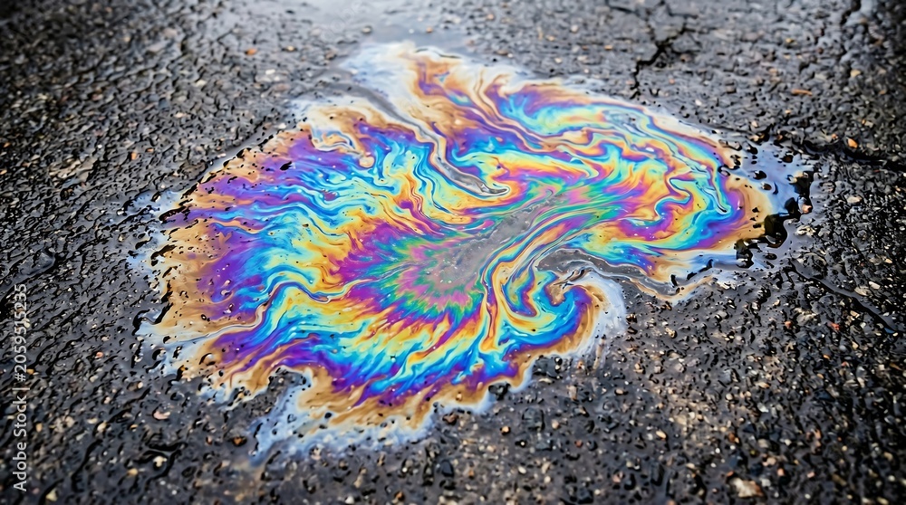 Naklejka premium Colorful oil slick pattern on wet asphalt surface.
