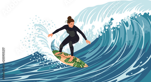 Courageous female surfer in a black wetsuit skillfully riding a massive crashing ocean wave with white foam and blue water details.