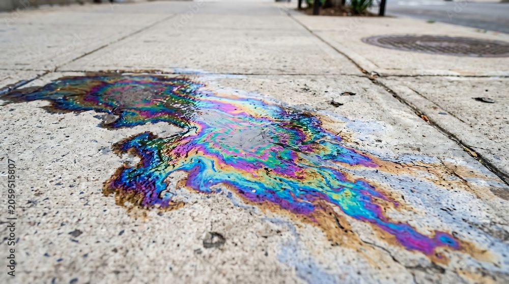 Naklejka premium Colorful oil spill on wet urban pavement.