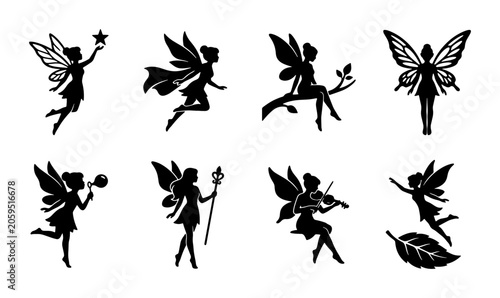 Vászonkép Whimsical Fairy Silhouettes Collection, Enchanting Magical Creatures Vector Icon