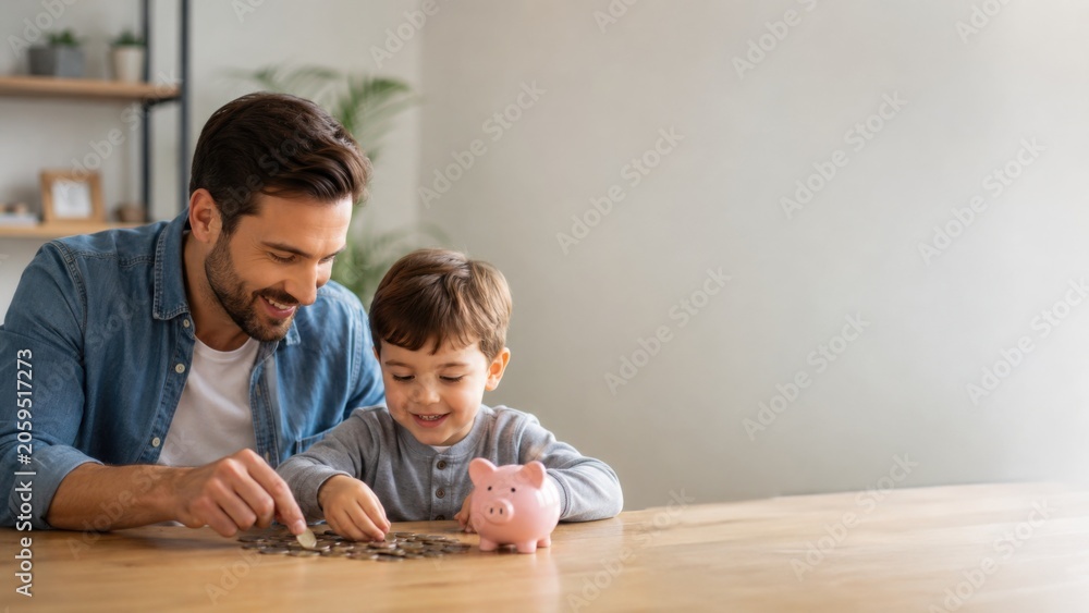 Fototapeta premium Father Teaching Young Child to Count Coins at Home Table