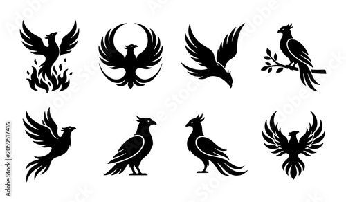 Photography Phoenix Vector Icons Set, Mythical Bird Silhouettes for Branding and Design Elem