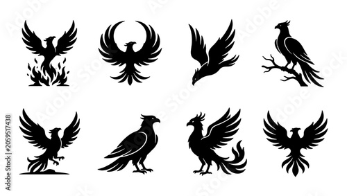 Foto Phoenix Vector Icons Set, Mythical Bird Silhouettes, Fiery Rebirth Symbol Graphi
