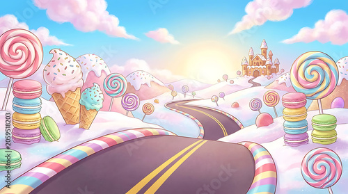 Candy land scene with lollipops macarons and ice cream cones illustrated style