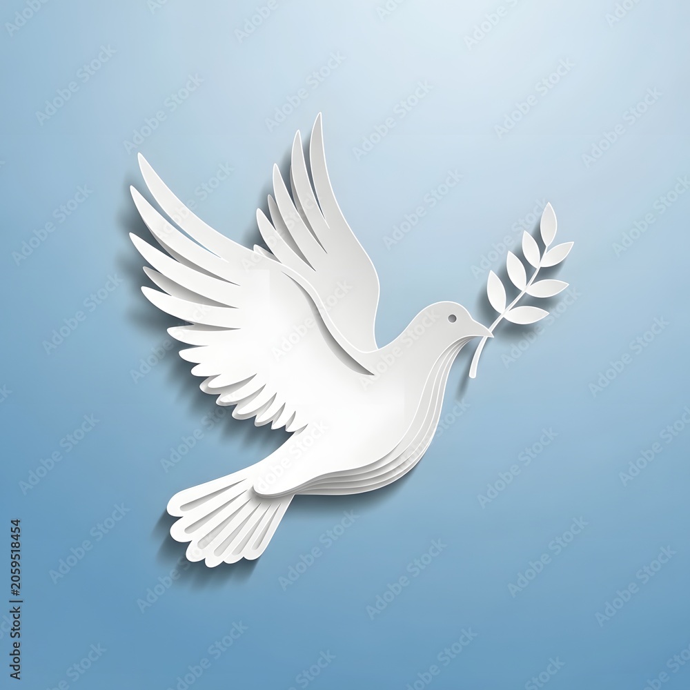 Fototapeta premium White paper dove with olive branch isolated on a light blue background International Peace Day