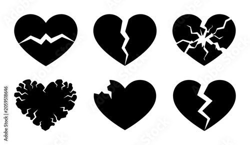 Foto Set of six black broken heart icons, representing heartbreak, sadness, and emotional pain