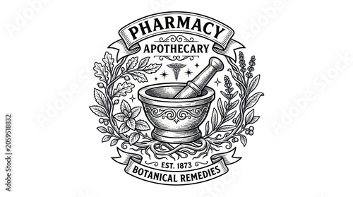 Photos Vintage apothecary emblem with mortar pestle and botanical herbs
