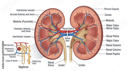 Schilderij op canvas Human kidney anatomy diagram with labeled internal structures