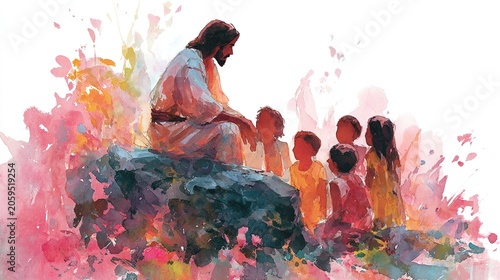 Jesus Christ seated on a rock, teaching a group of children, vibrant floral backgrounds blending into a soft watercolor palette 