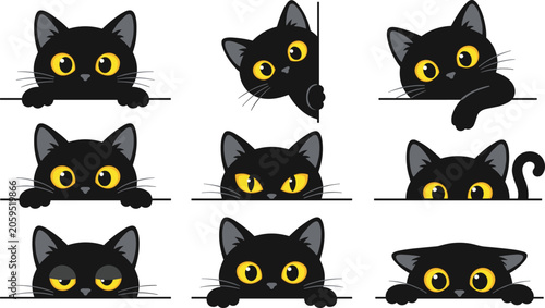 Photos Cute Black Cat Peeking Vector Icon Set Featuring Funny Cartoon Kitten with Big Y