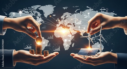 Global Sustainable Energy Investment And Finance Concept With Hands Holding Coins And Renewable Technology