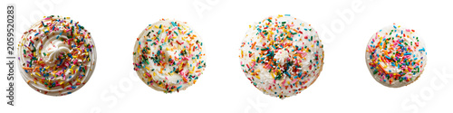 Four frosted donuts with colorful sprinkles isolated on transparent background