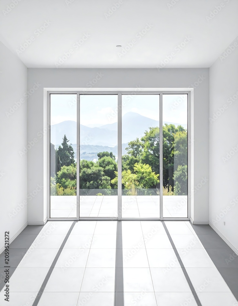 Fototapeta premium Modern, sunlit interior with expansive glass doors, framing a lush landscape