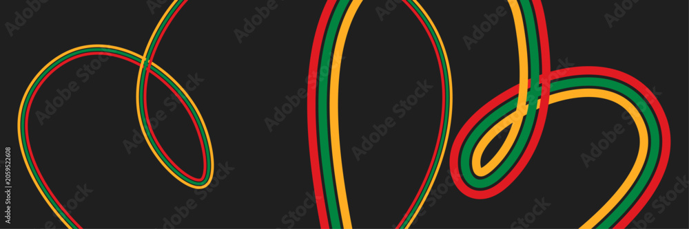 Obraz premium Black History Month banner with abstract squiggle lines in Pan African flag colors. Juneteenth celebration background with dynamic ribbon wave pattern vector