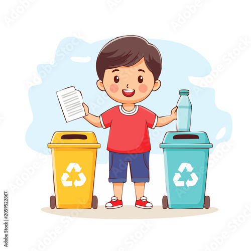 Cartoon boy holding recyclables near recycling bins