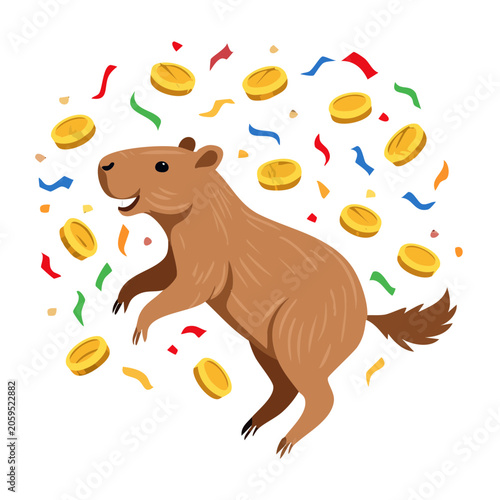 Cartoon capybara with gold coins and confetti