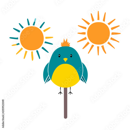 Colorful cartoon bird with suns illustration