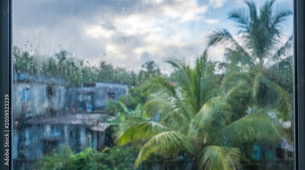 Fototapeta premium Raindrops on window pane with tropical palm trees view