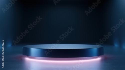 futuristic metallic podium inside cyber tunnel, neon ambient glow, premium technology showcase
