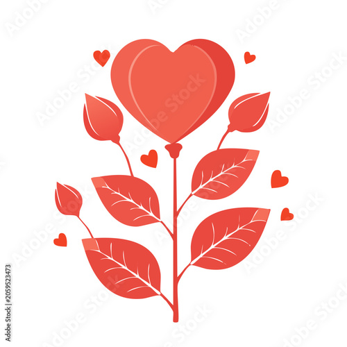 Red Heart Shaped Flower with Leaves Illustration