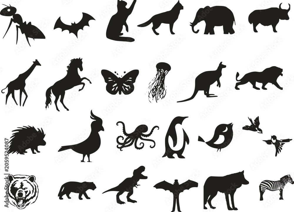 Obraz premium Set of various wild animal silhouettes including mammals birds and insects with silhouette wildlife collection elephant kangaroo butterfly