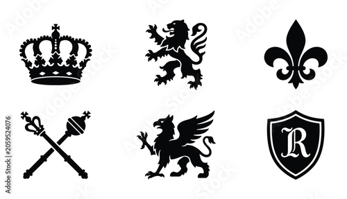 Fényképezés Royal Heraldic Symbols Set: Crown, Lion, Fleur-de-lis, Scepter, Griffin, Shield