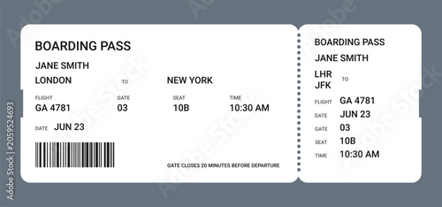 Boarding Pass Template in minimal style for travel, airline, airport, booking, and design. Vector Airline Ticket
