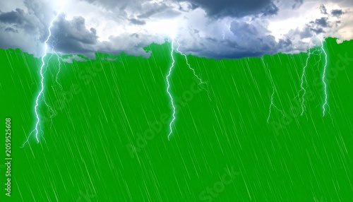 Lightning strikes down through heavy rain on a green field