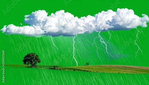 Storm over fields with tree, green background, and rain