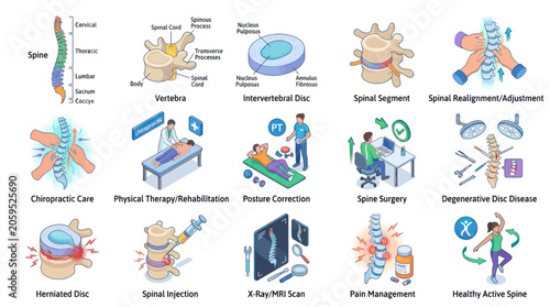 Cuadro en lienzo Spinal health and chiropractic care medical infographic icons