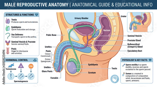 Male reproductive system anatomy diagram with educational labels