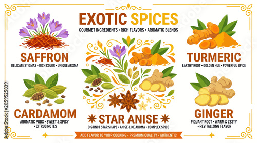 Exotic spice collection with saffron turmeric cardamom and ginger