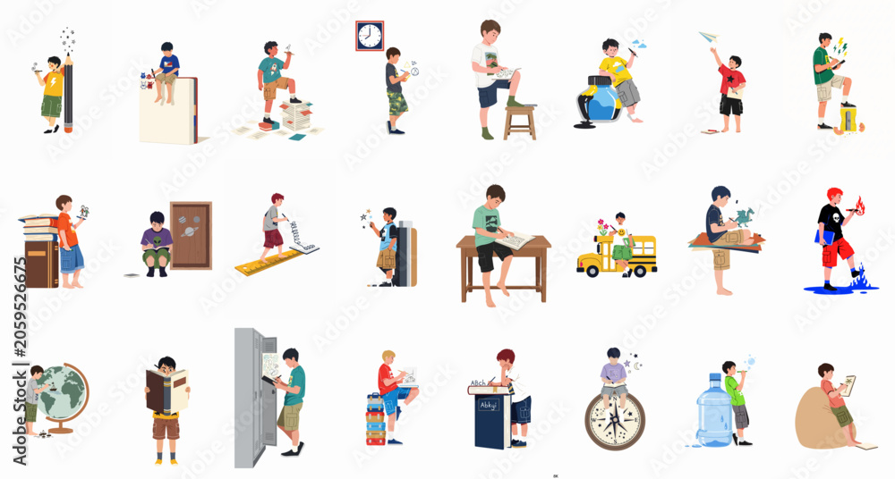 Fototapeta premium Comprehensive collection of flat vector illustrations depicting young boys in various creative and educational activities, emphasizing imagination, learning, and school life.