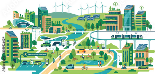 Eco friendly cityscape, sustainable urban planning, green architecture, vector illustration
