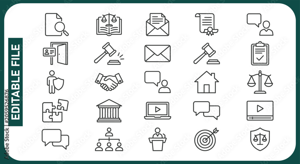 Fototapeta premium Set of Law and justice Vector Line Icons. Contains such Icons as weapon, arrest, authority, courthouse, gavel, legal, weapon and more