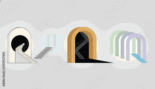 Minimalist architectural arches with stairways leading to unknown spaces, designed in flat surreal style.