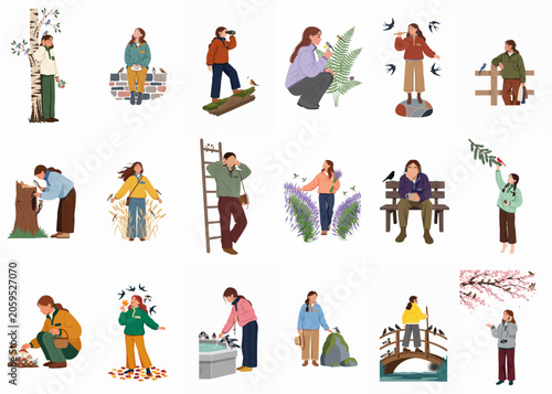 Set of eighteen vector illustrations of women interacting with birds and nature, depicting various outdoor activities like birdwatching, hiking, and seasonal observations.
