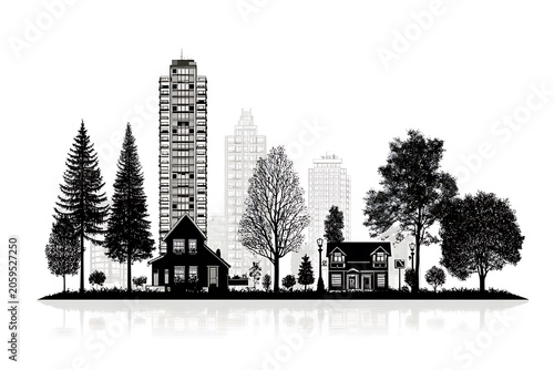Black and white silhouette of a cityscape with trees and houses on a white background