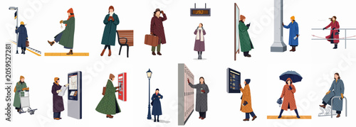Set of flat illustrations featuring women in stylish winter coats engaged in various travel and commuting activities at stations and terminals.