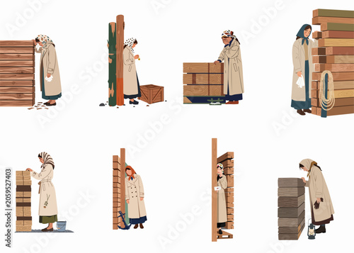 Illustration collection of grieving women in vintage coats and headscarves, mourning or waiting near wooden structures and lumber.