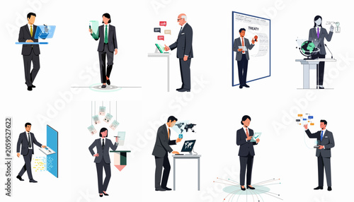 Set of diverse business professionals in suits interacting with futuristic digital interfaces, global maps, and virtual documents for modern corporate concepts.
