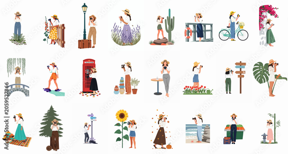Fototapeta premium Diverse collection of flat vector illustrations showcasing a female traveler capturing moments with a camera in various global landscapes and seasonal settings.