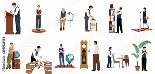 Collection of flat vector illustrations depicting people in formal attire performing various professional tasks and activities in vintage-style settings.