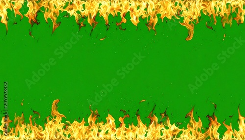 Flame borders with green center, embers, and sparks