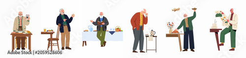 Collection of Elderly Men Characters Involved in Different Daily Activities and Hobbies for Senior Lifestyle Design