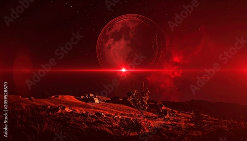 Red landscape, celestial sphere, and faint horizon