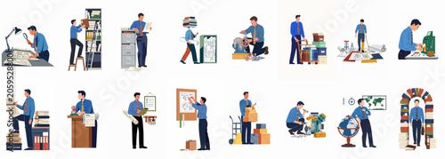 Illustrations of a professional man engaged in various tasks like engineering, archiving, researching, and organizing in a corporate or office environment.