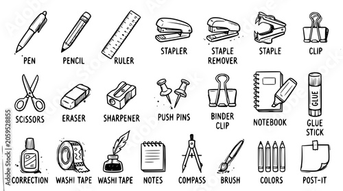 Hand drawn stationery doodle set, pen pencil ruler tape clip staple, black ink sketch vector illustration