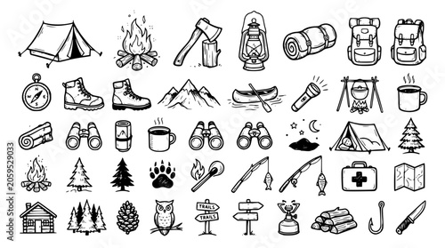 Hand drawn camping outdoor doodle set, tent bonfire axe lantern sleeping bag, black ink sketch vector illustration