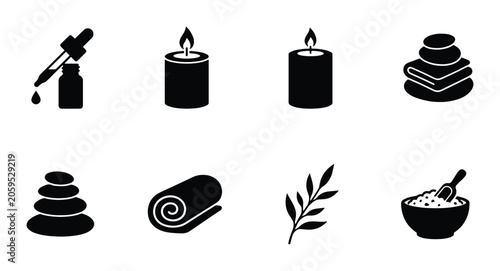Canvas Print Spa Icons Set: Wellness, Relaxation, Aromatherapy, Massage Stones, Candles, Towe